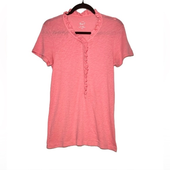 J. Crew Pink Soft Button-Up Cotton V-Neck Painter T with Raw Edge Ruffles, Large - Picture 1 of 11